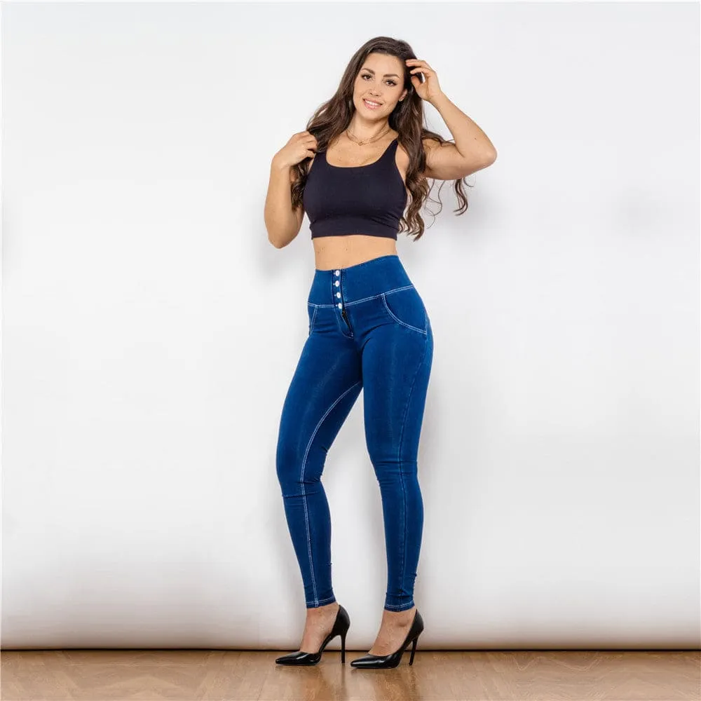 High Waist Push Up Effect Lifting Stretch Button Up Skinny Jeans