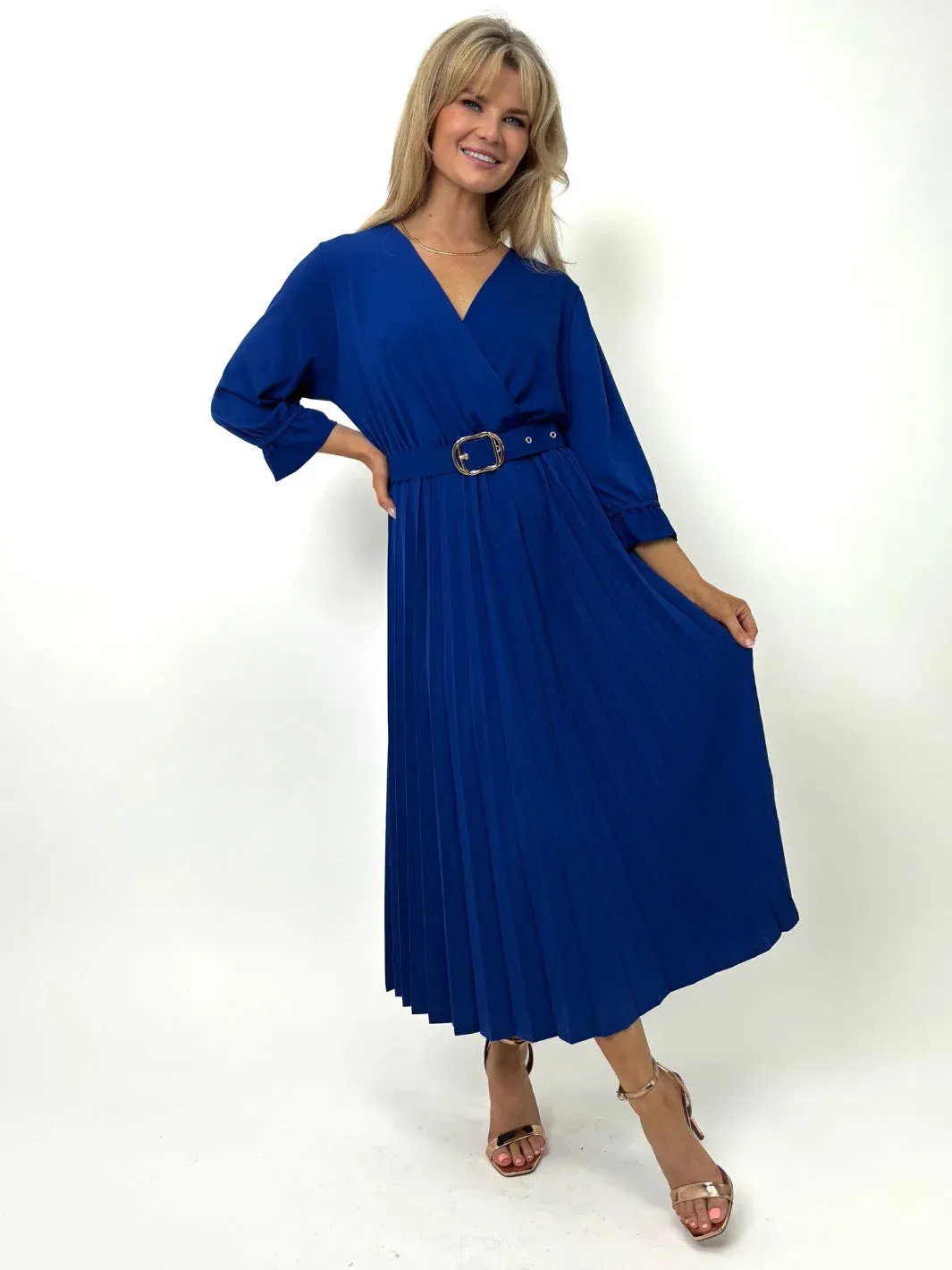 Kate And Pippa Royal Blue Pleated midi dress with belt  Positano Cristal