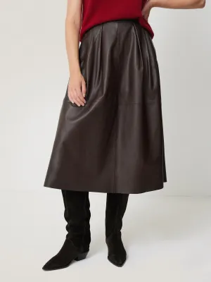 Leather Pleat Midi Skirt | Brown