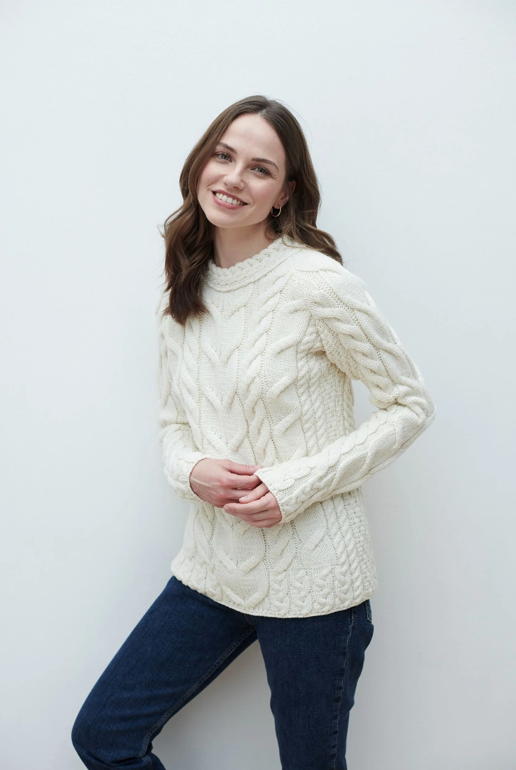 Listowel Ladies Aran Cabled Sweater | Natural