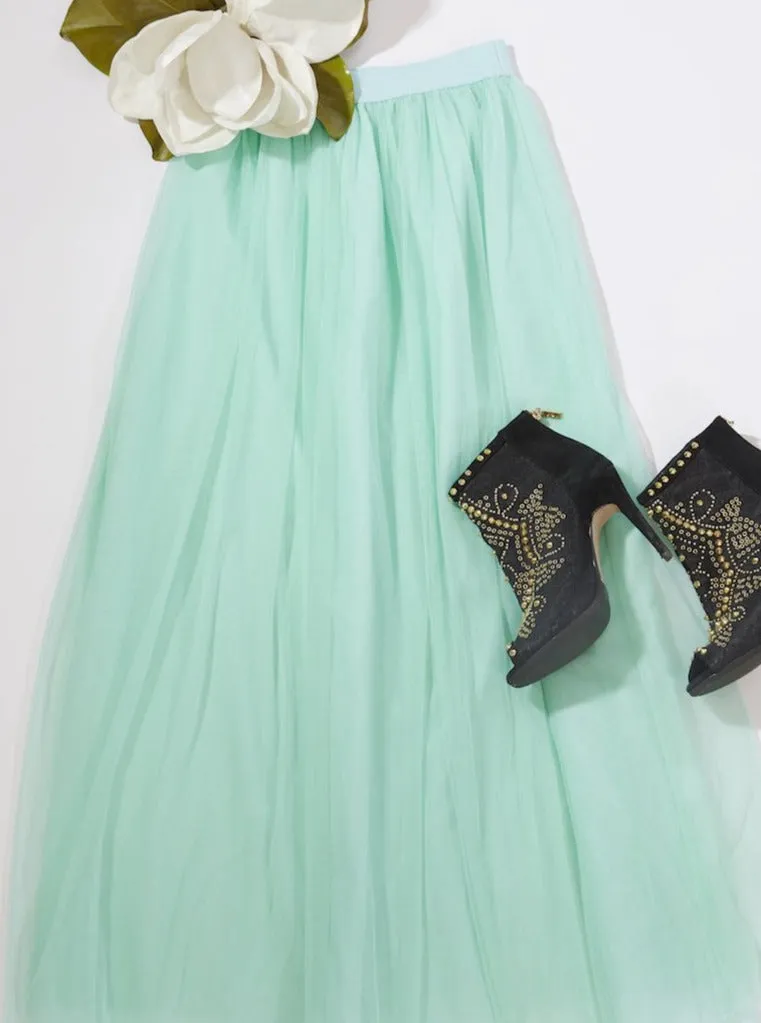 Long Mint Tulle Skirt