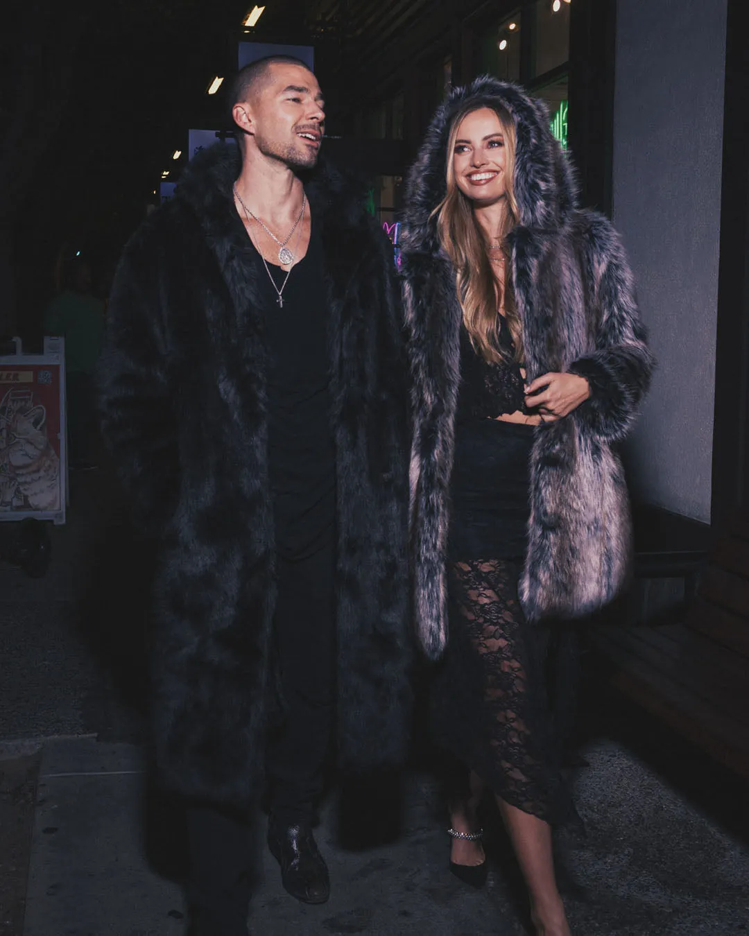 Men's Long Faux Fur Coat | Black Serval