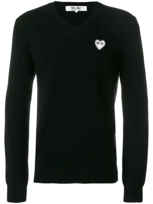 Mens V-Neck Pullover White Heart - Black