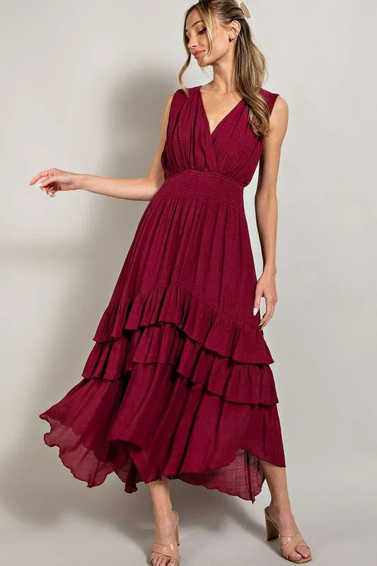 Merlot V Neck Ruffle Maxi Dress