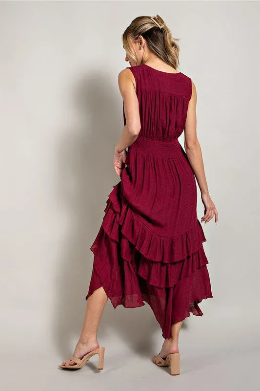 Merlot V Neck Ruffle Maxi Dress