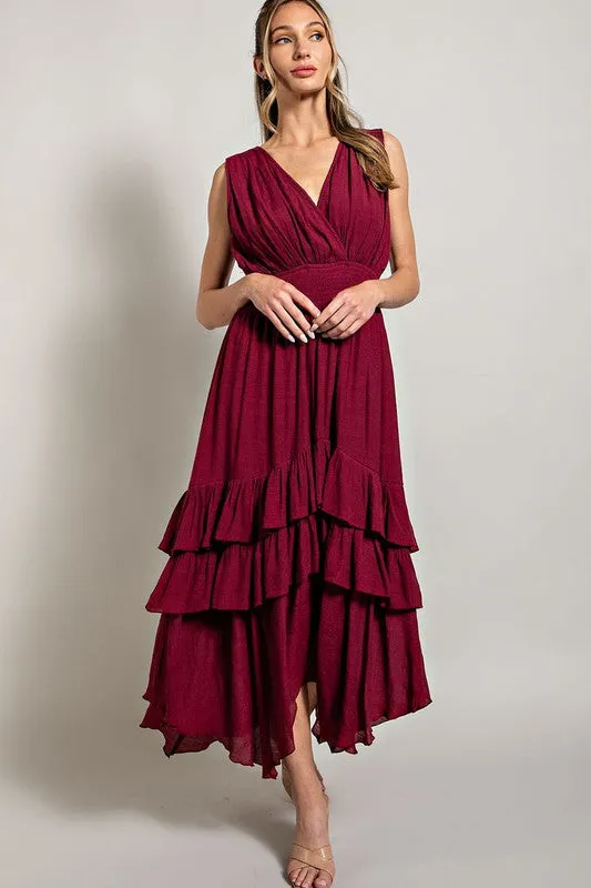 Merlot V Neck Ruffle Maxi Dress