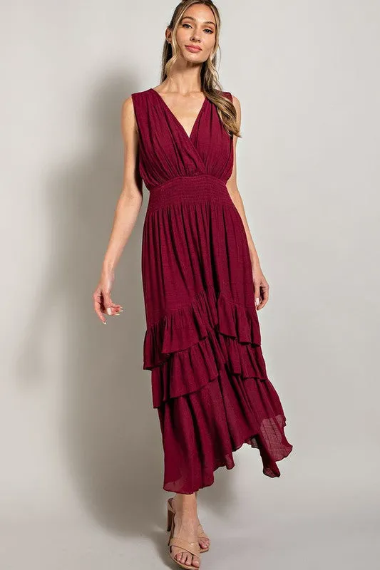 Merlot V Neck Ruffle Maxi Dress