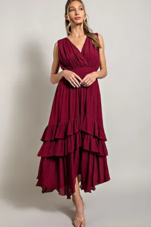 Merlot V Neck Ruffle Maxi Dress