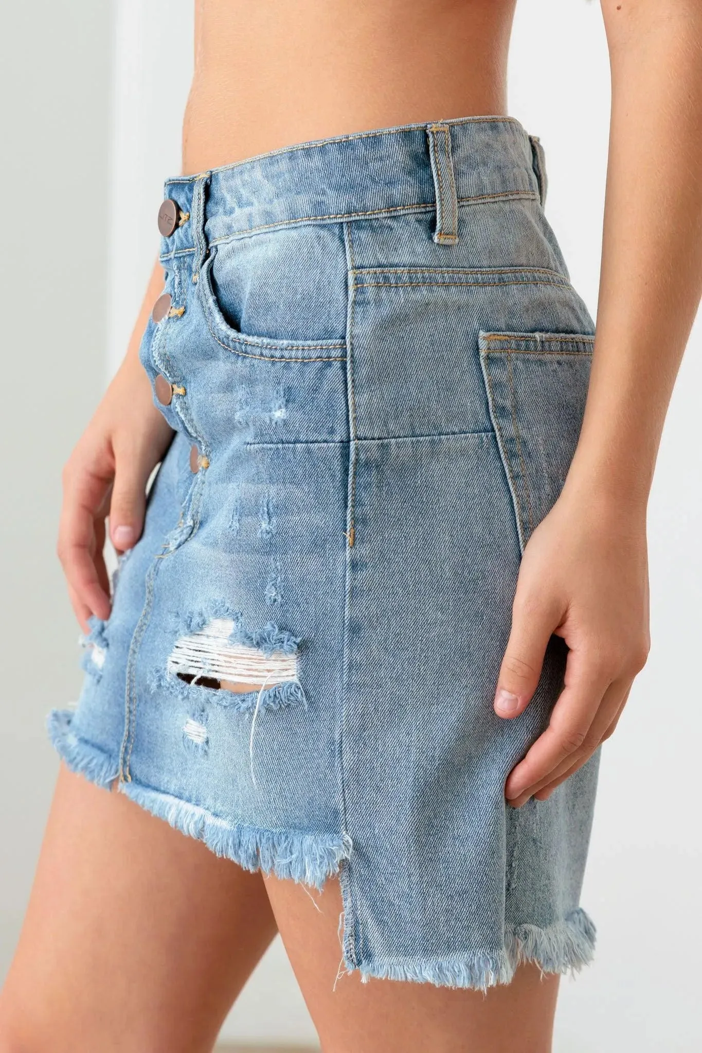 Mid Wash Distressed Button Ripped Mini Denim Skirt