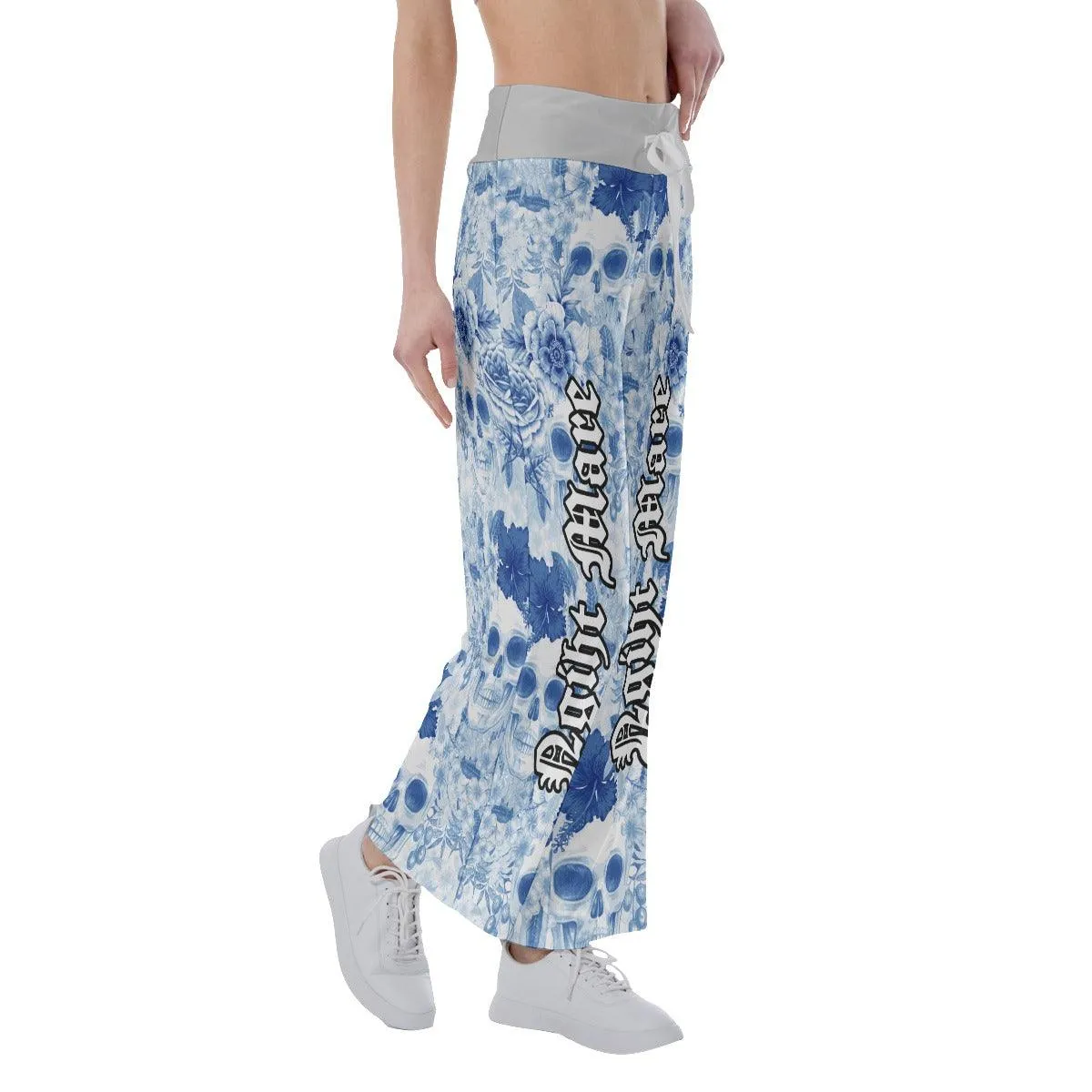 Nightmare Skull Flower Blue Half High-waisted Wide Leg Pants