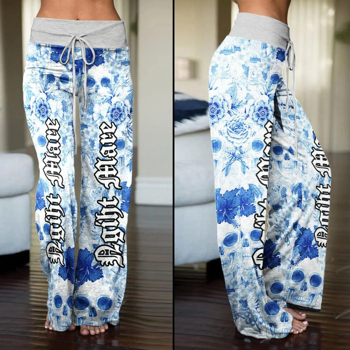 Nightmare Skull Flower Blue Half High-waisted Wide Leg Pants