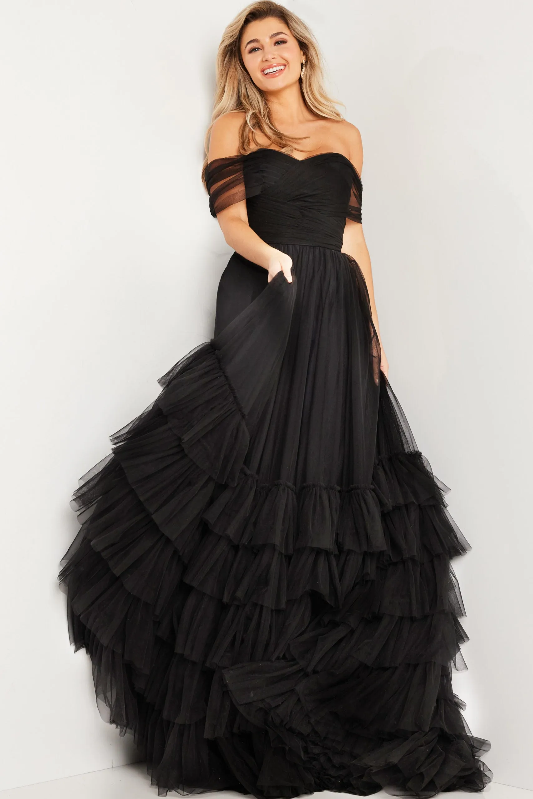 Off Shoulder A-line Tiered Gown by Jovani 37608