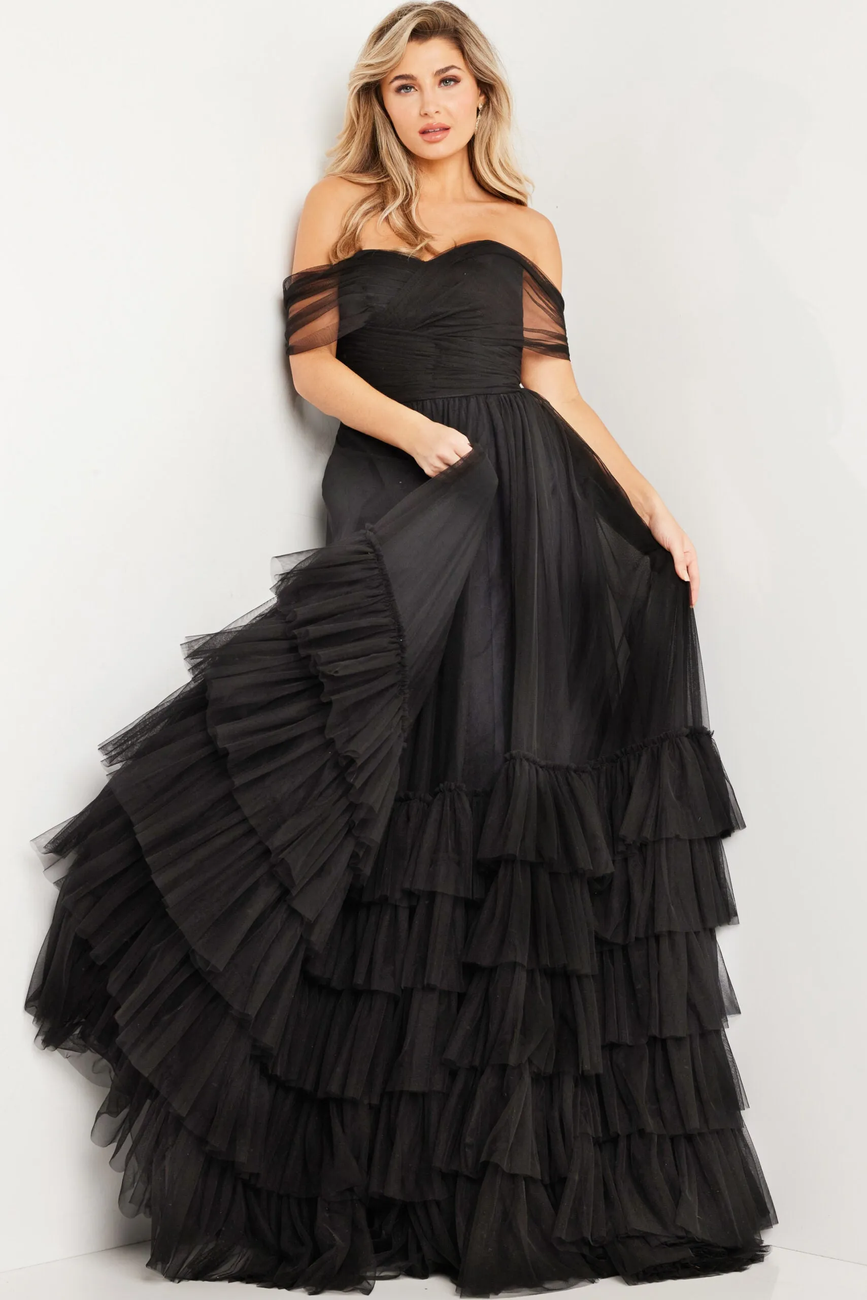 Off Shoulder A-line Tiered Gown by Jovani 37608