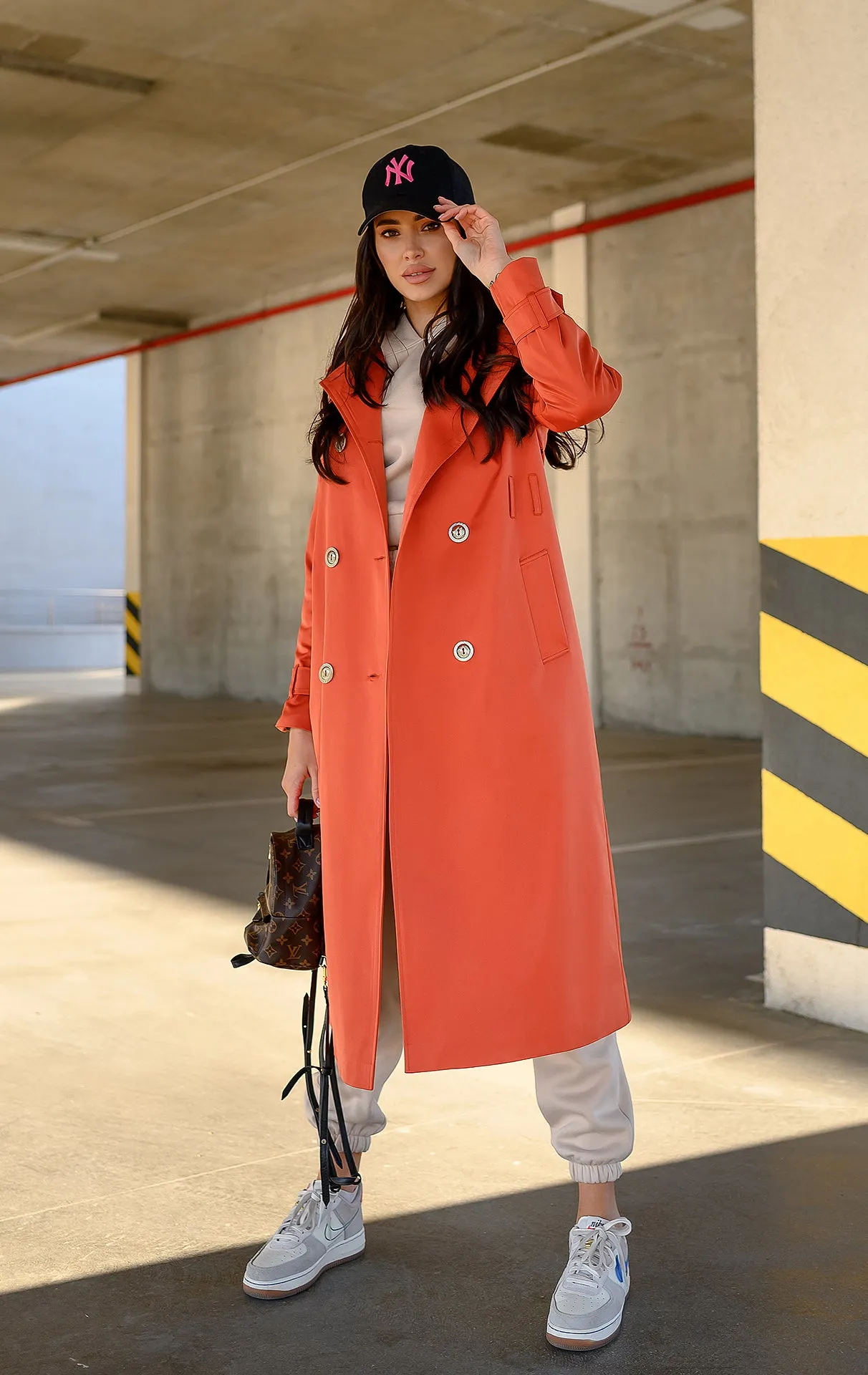 Orange Double-Breasted Belted Trench Coat