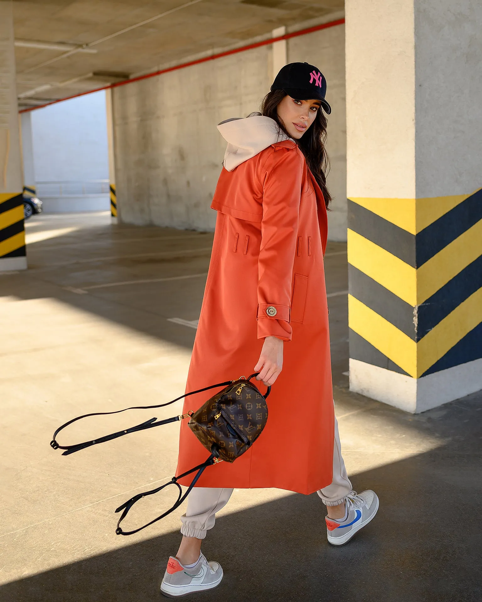 Orange Double-Breasted Belted Trench Coat