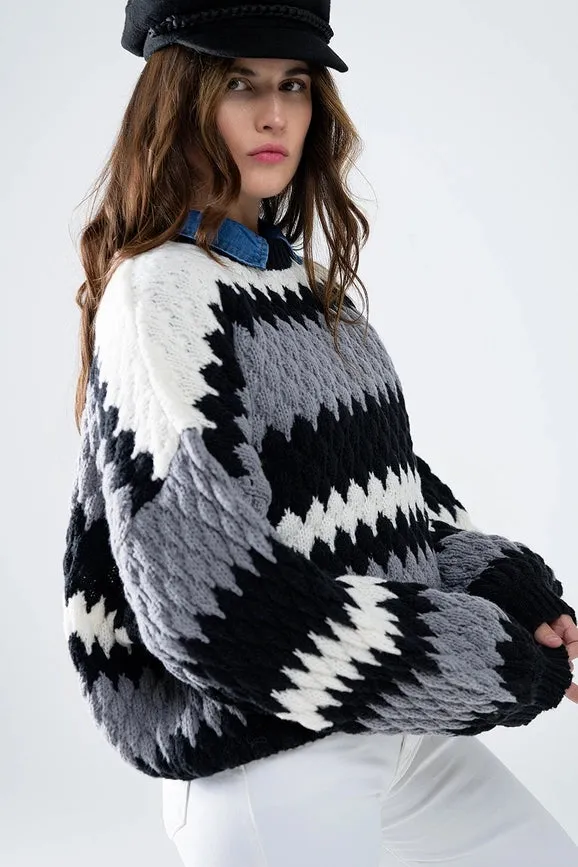 Oversized Gray Zig Zag Striped Sweater