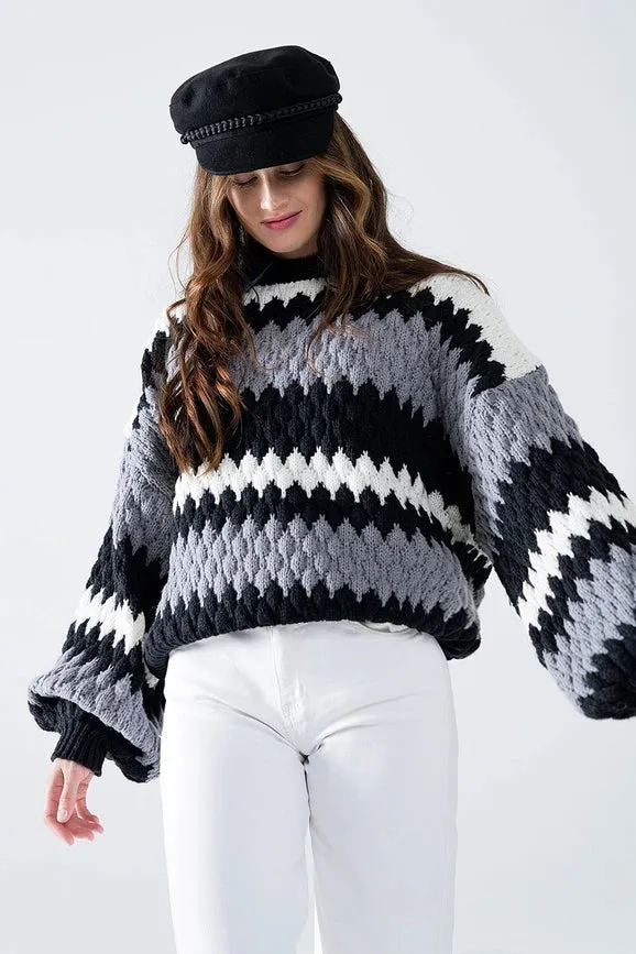 Oversized Gray Zig Zag Striped Sweater