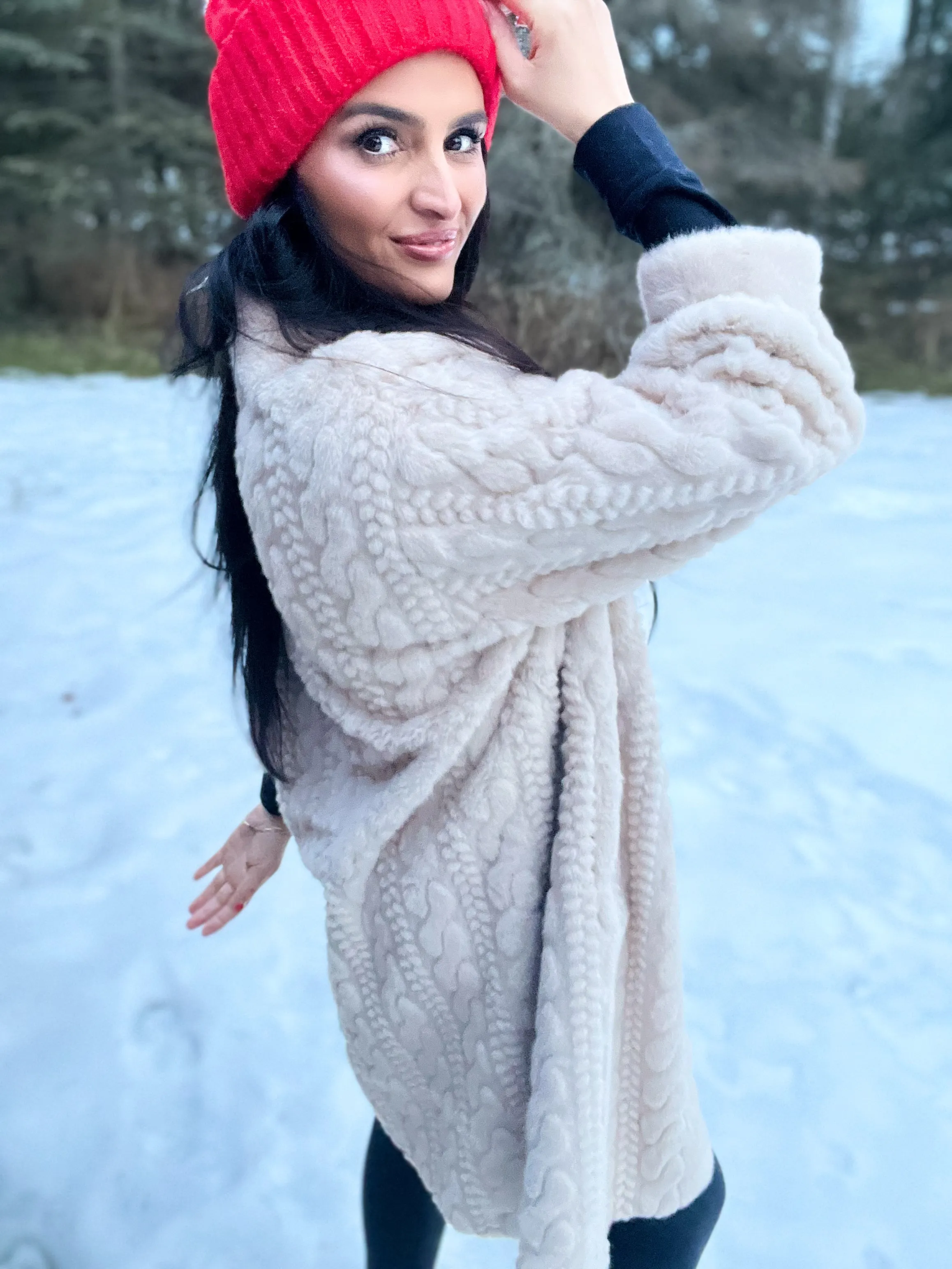 Pippa Cable Fuzzy Fur Long Coat- Cream