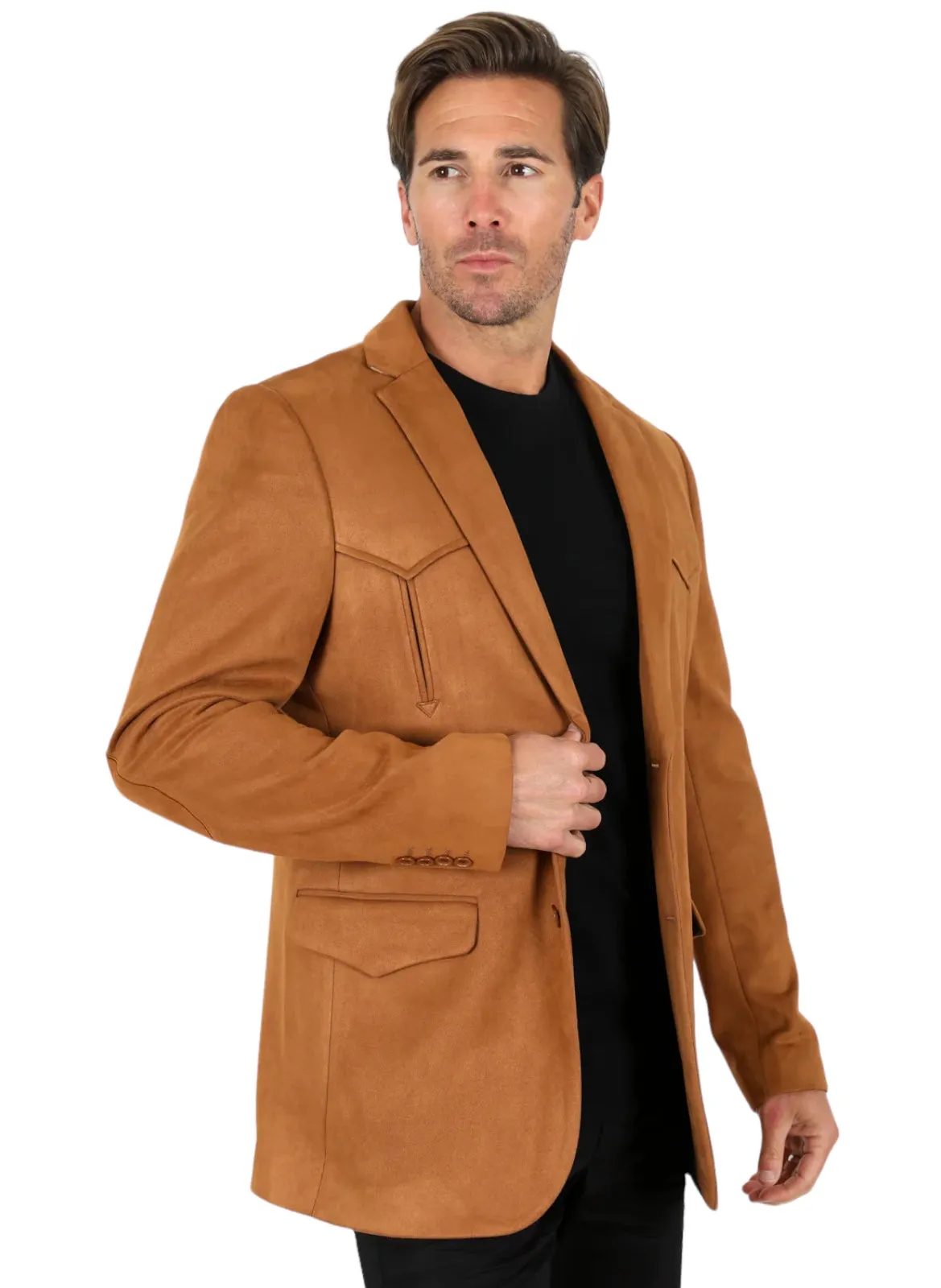 Platini Camel Men's Double Button Sigle Breast Faux-Suede Blazer