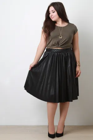 Pleated Faux Leather Midi Skirt