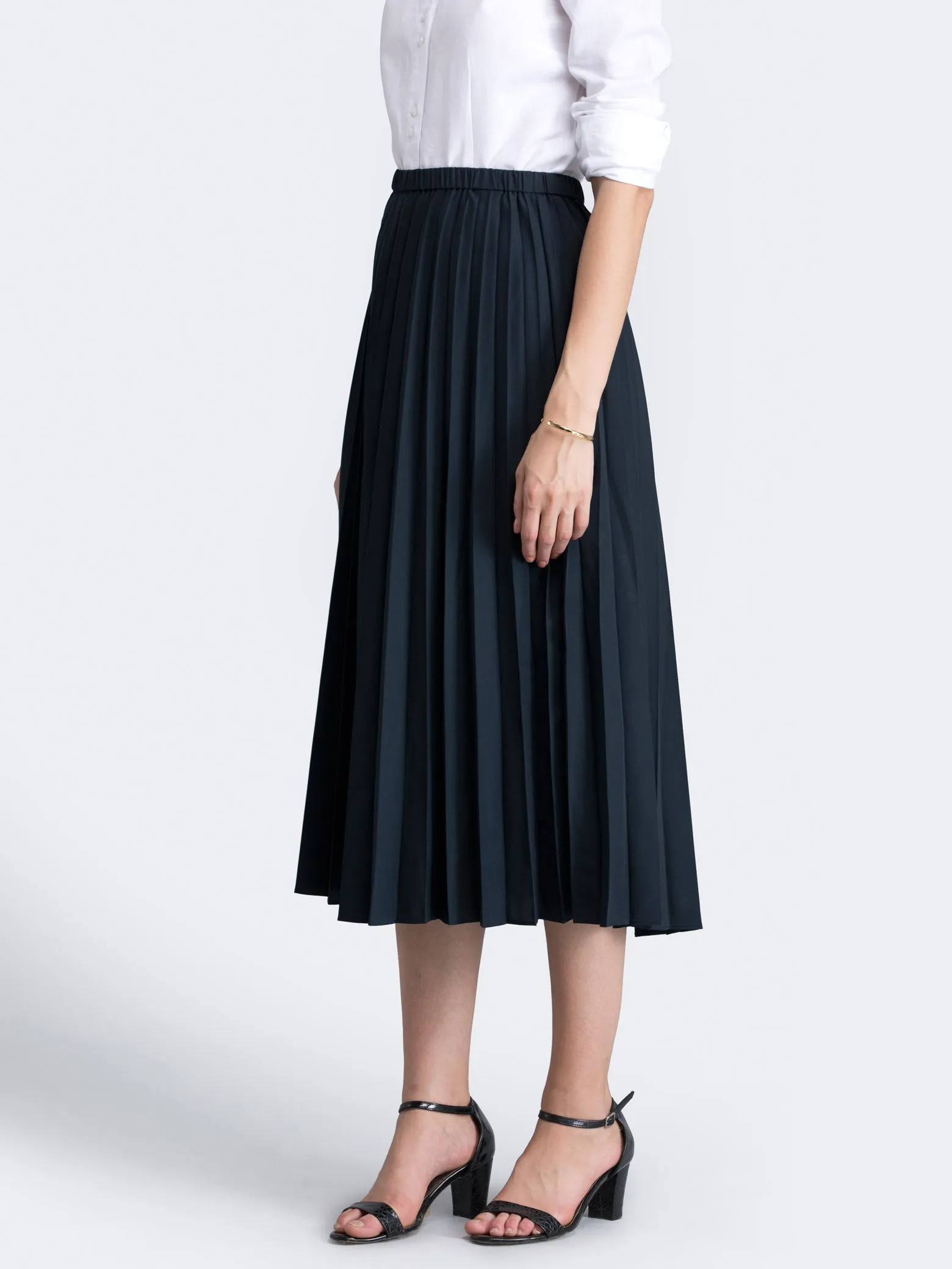 Pleated Flared Midi Skirt - Black