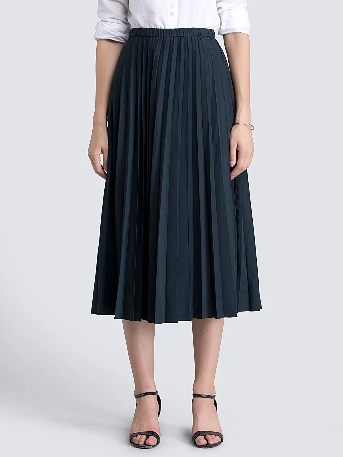 Pleated Flared Midi Skirt - Black