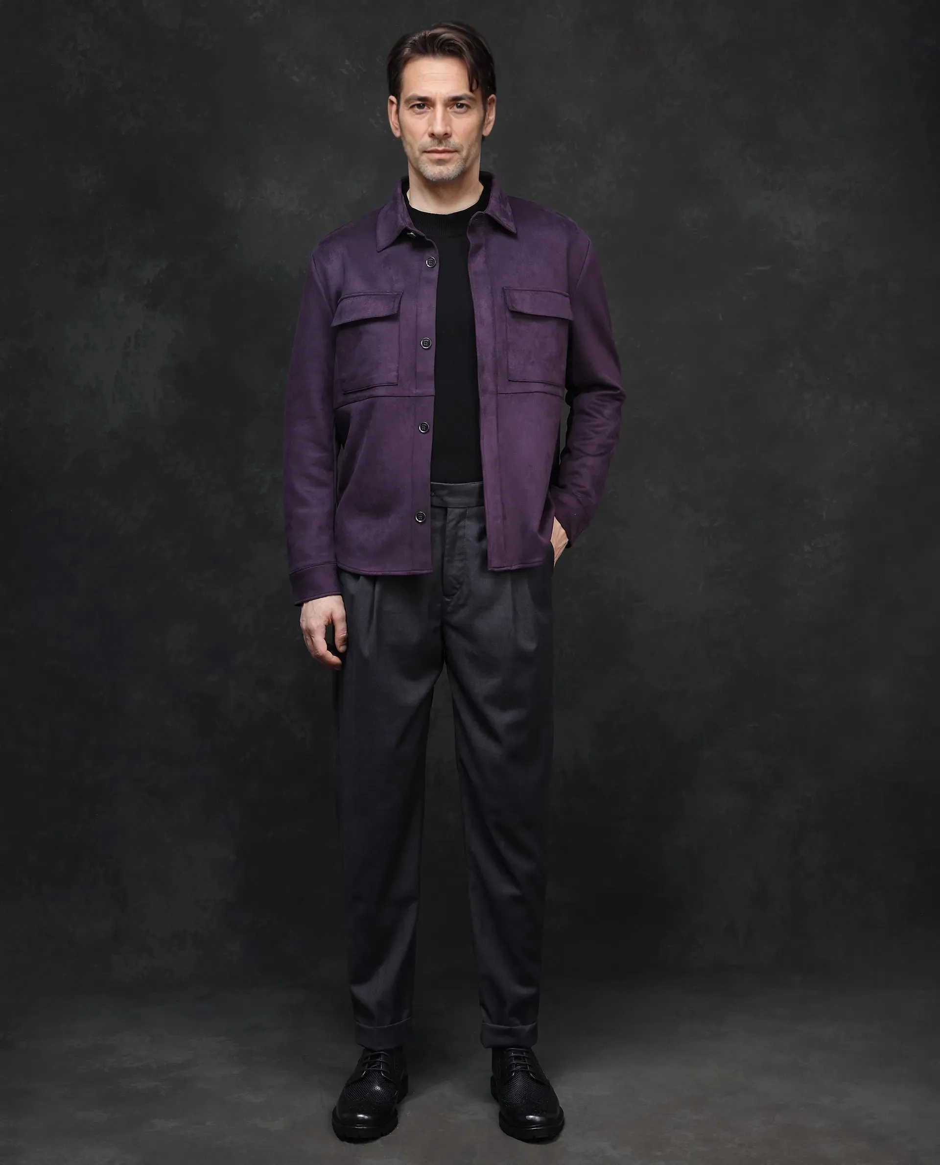 Rare Rabbit Men Delk-2 Dark Purple Polyester Spandex Fabric Full Sleeve Collared Neck Button Closure Regular Fit Plain Jacket