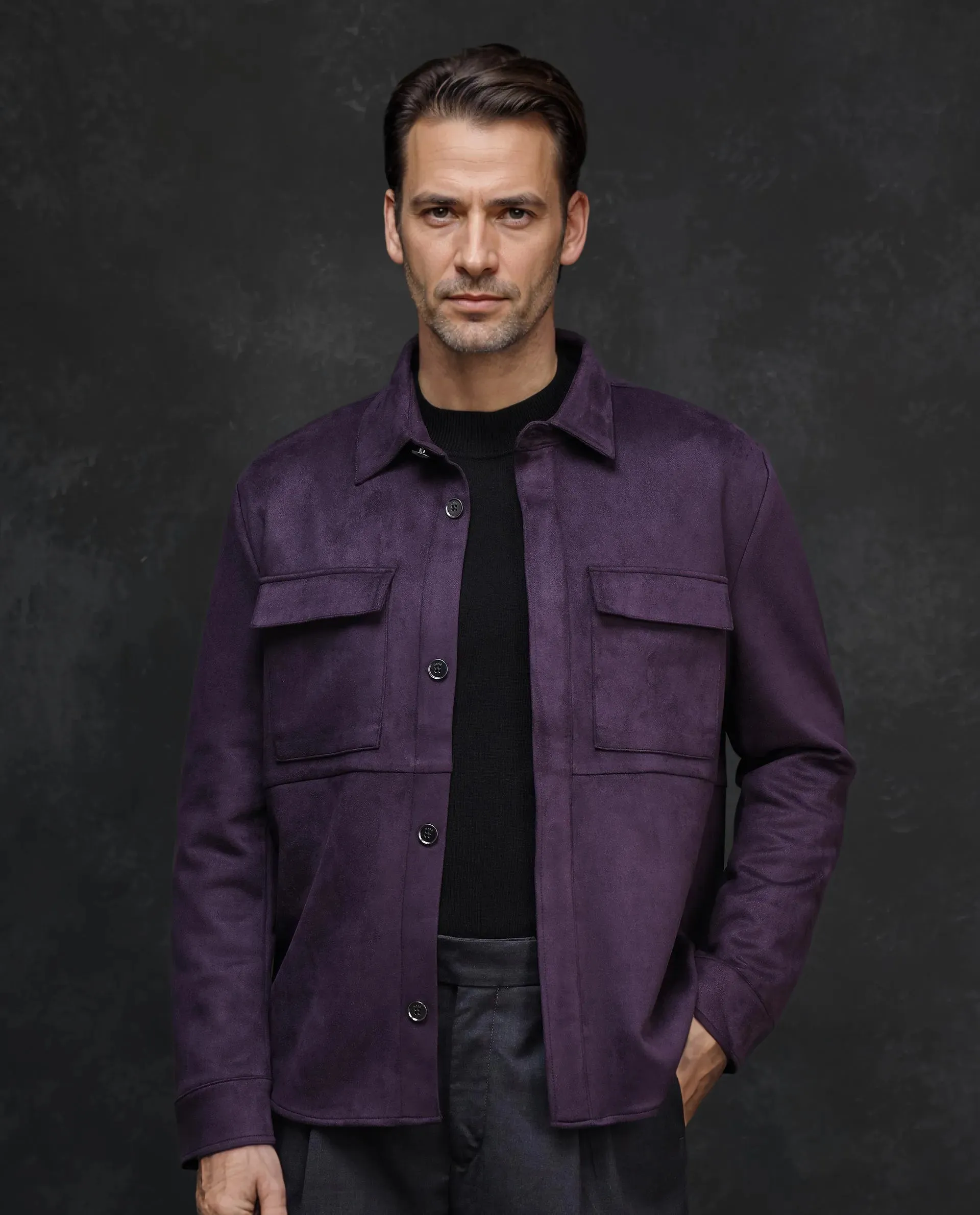 Rare Rabbit Men Delk-2 Dark Purple Polyester Spandex Fabric Full Sleeve Collared Neck Button Closure Regular Fit Plain Jacket