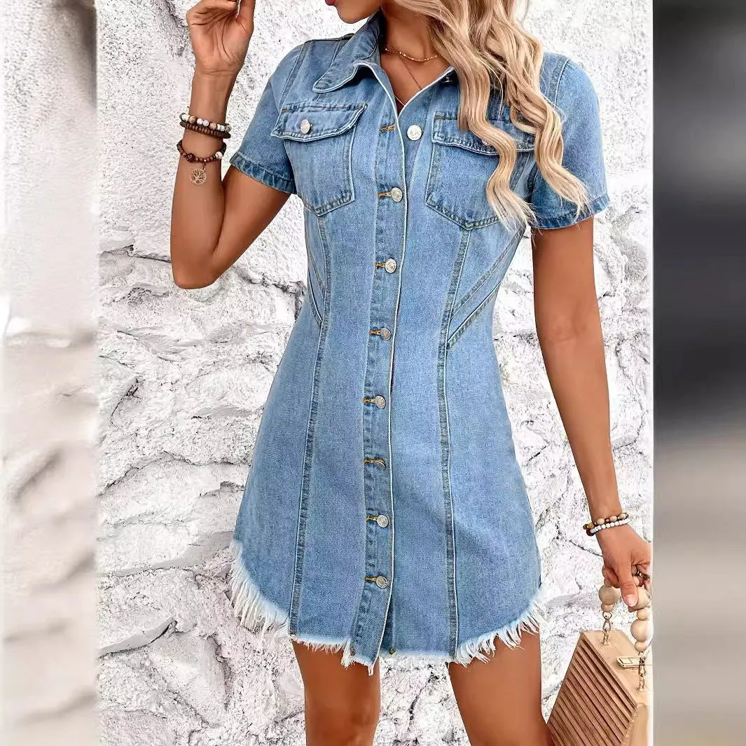 Retro Cinched Slimming Short Sleeves Denim Non Elastic Dress Women