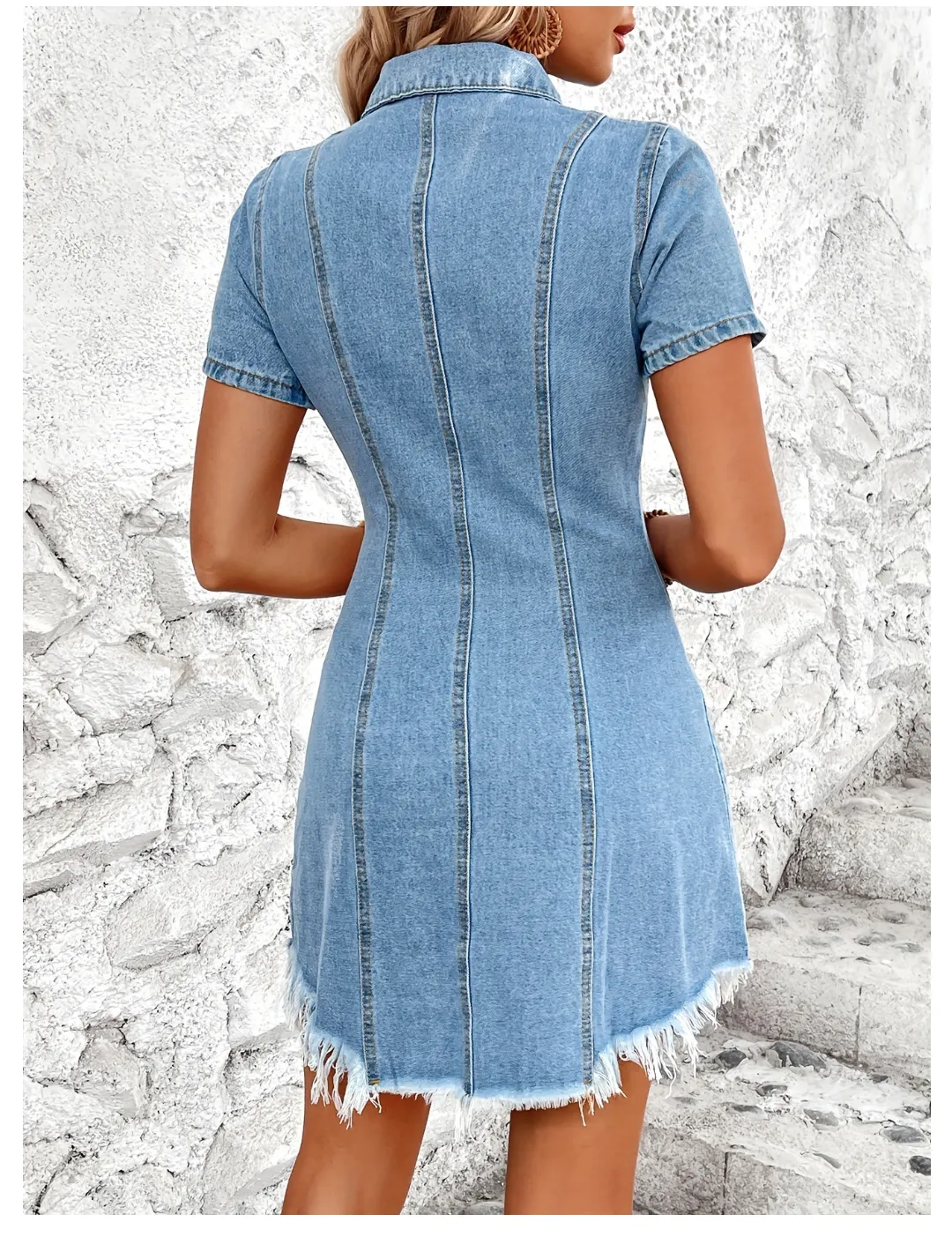 Retro Cinched Slimming Short Sleeves Denim Non Elastic Dress Women