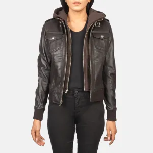 Roslyn Brown Hooded Leather Bomber Jacket