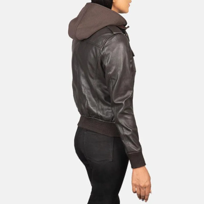 Roslyn Brown Hooded Leather Bomber Jacket