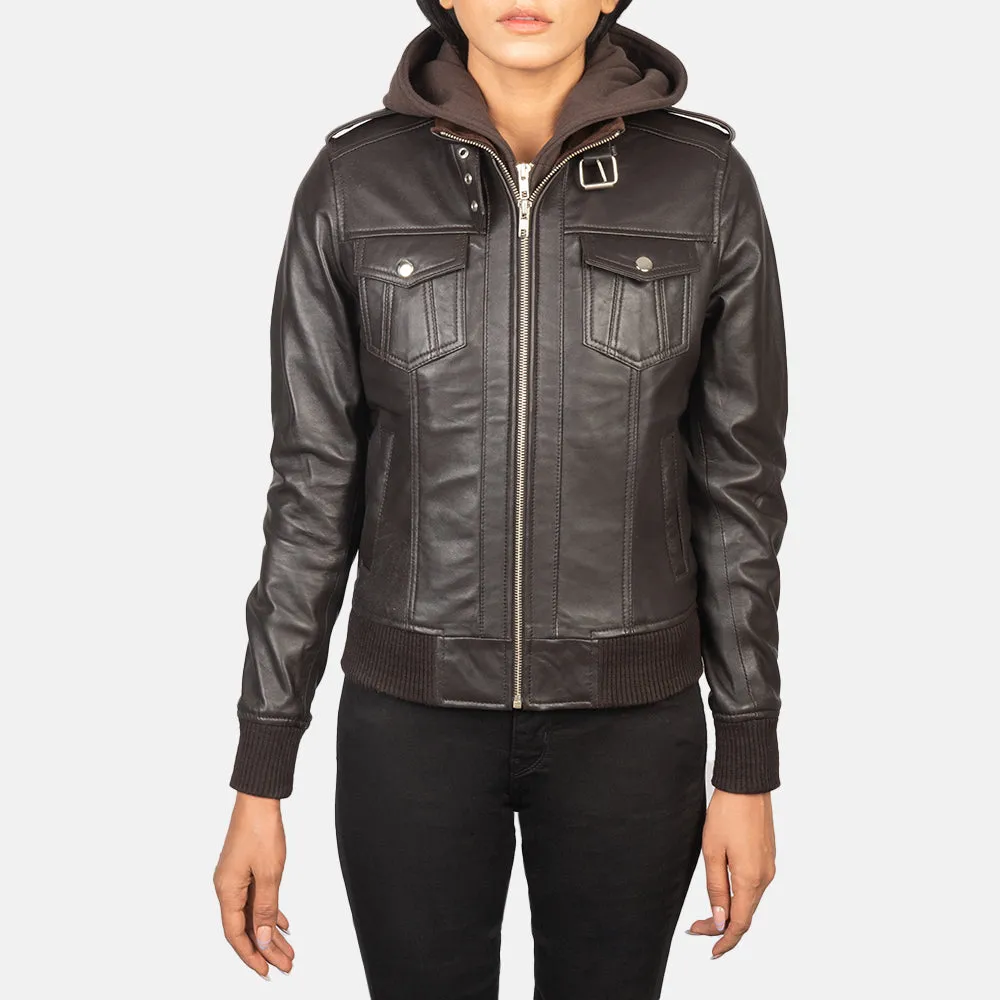 Roslyn Brown Hooded Leather Bomber Jacket