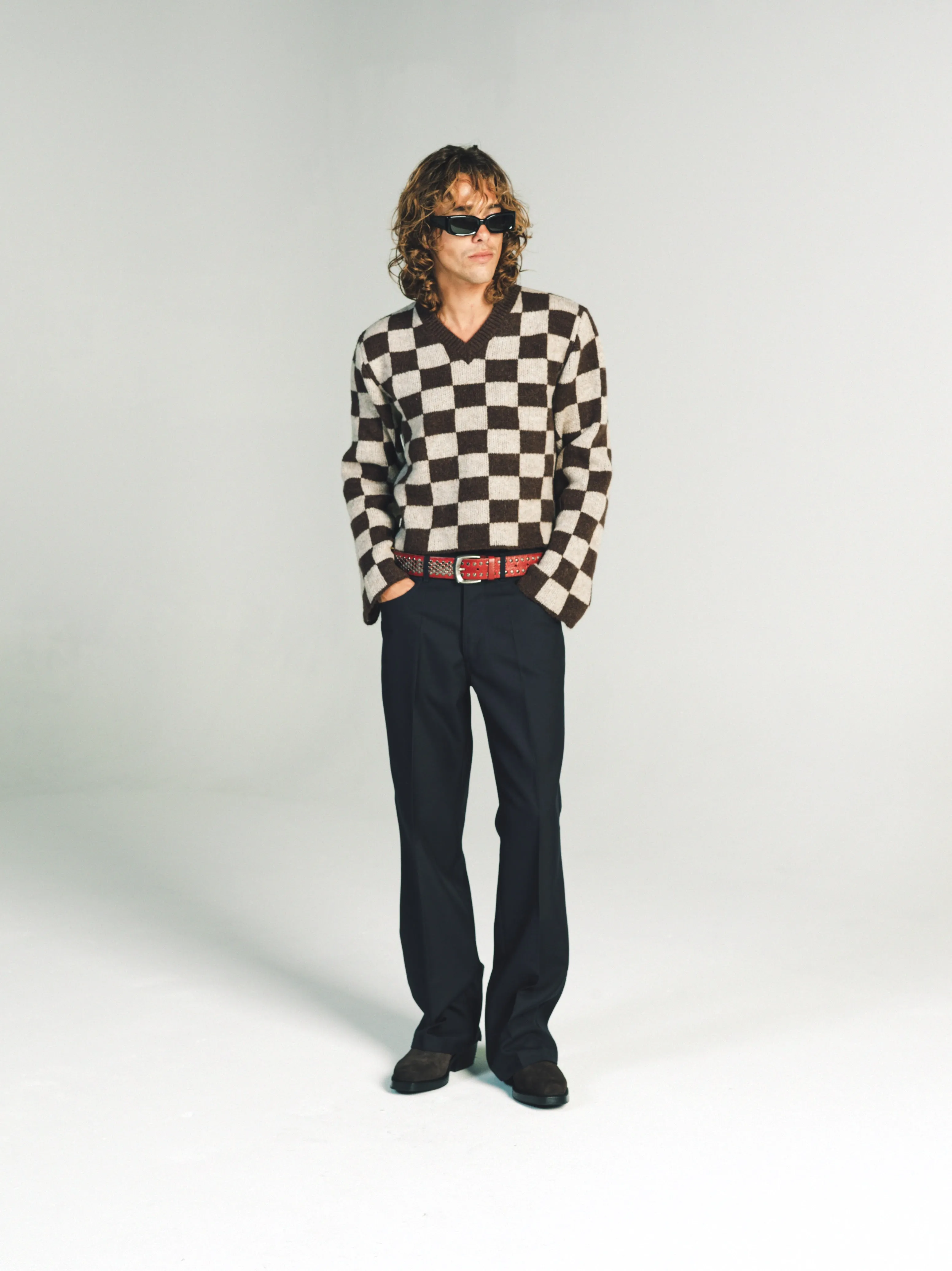 SHADOW V NECK SWEATER - COFFEE CHECK MOHAIR