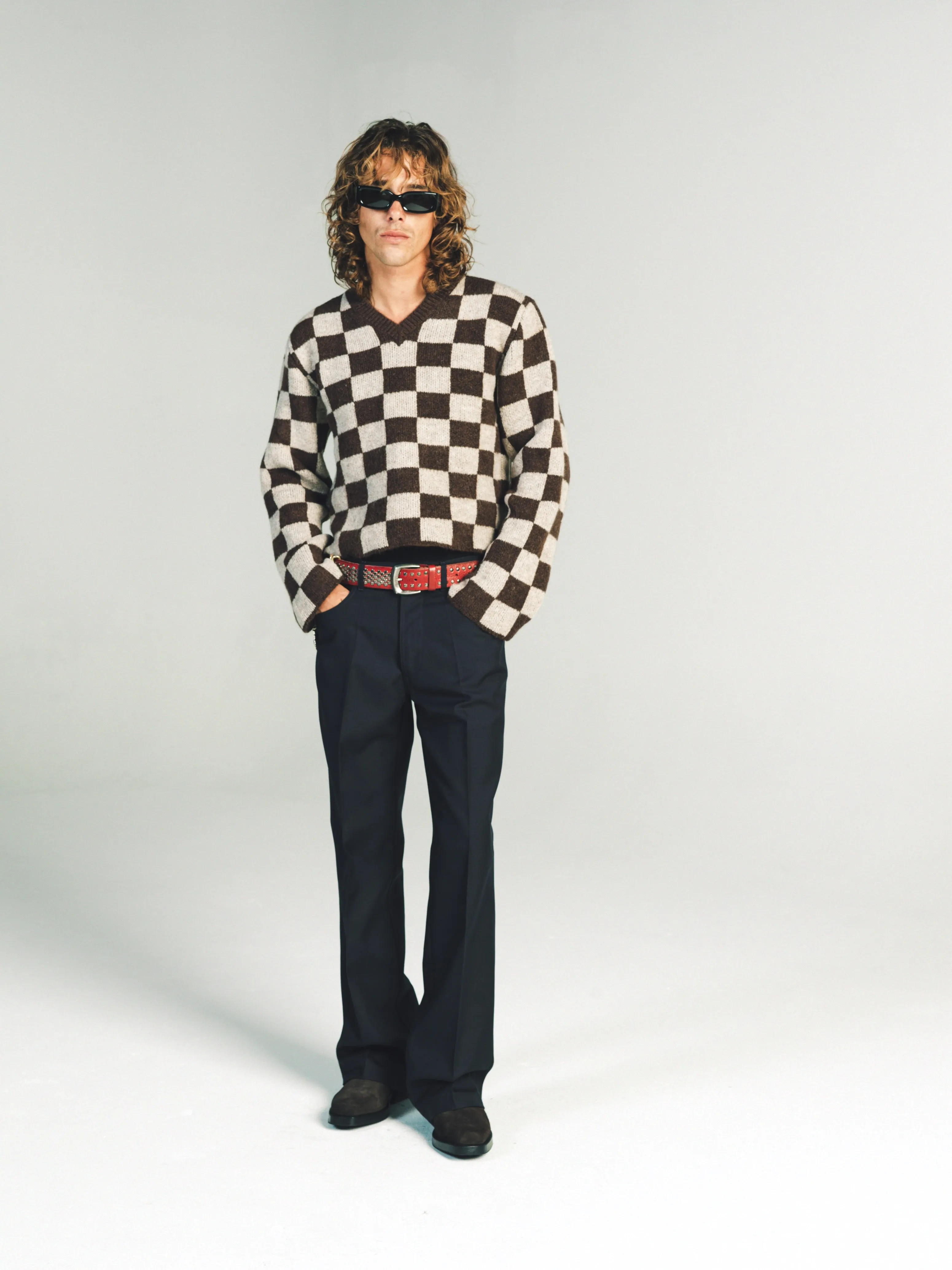 SHADOW V NECK SWEATER - COFFEE CHECK MOHAIR