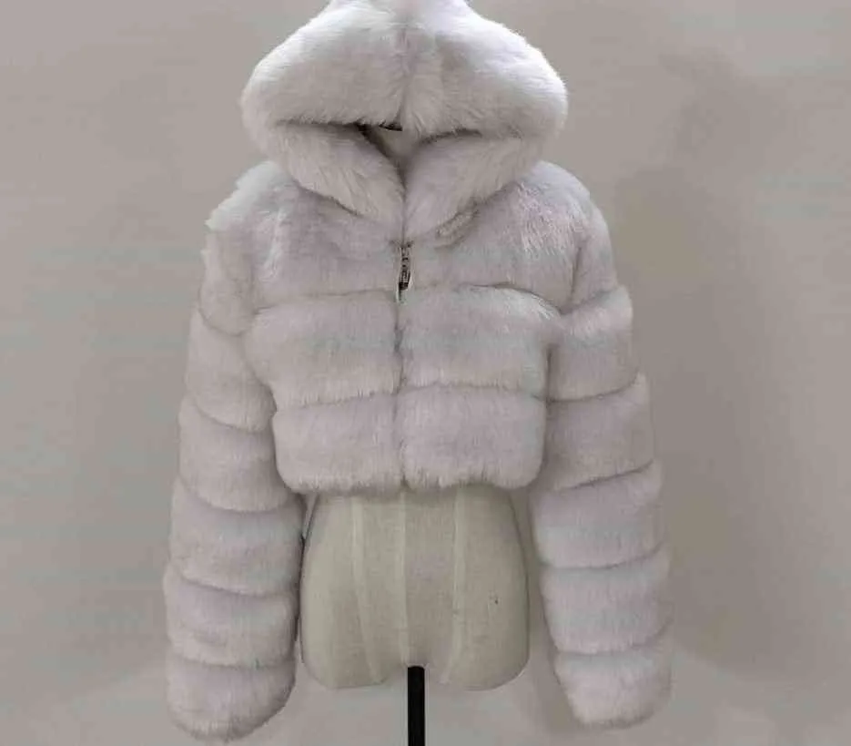 Short hooded faux fur long sleeve coat