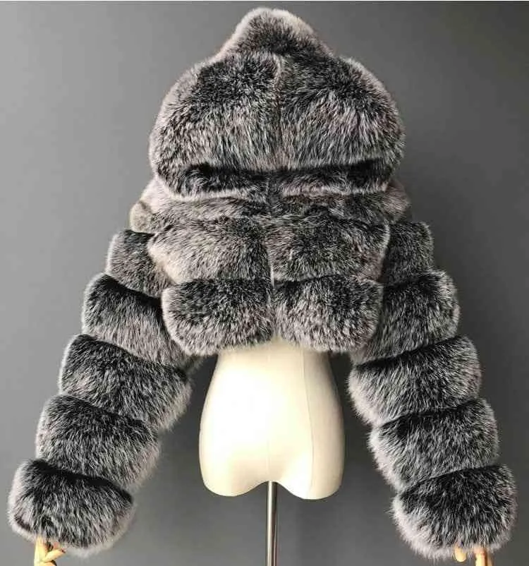 Short hooded faux fur long sleeve coat