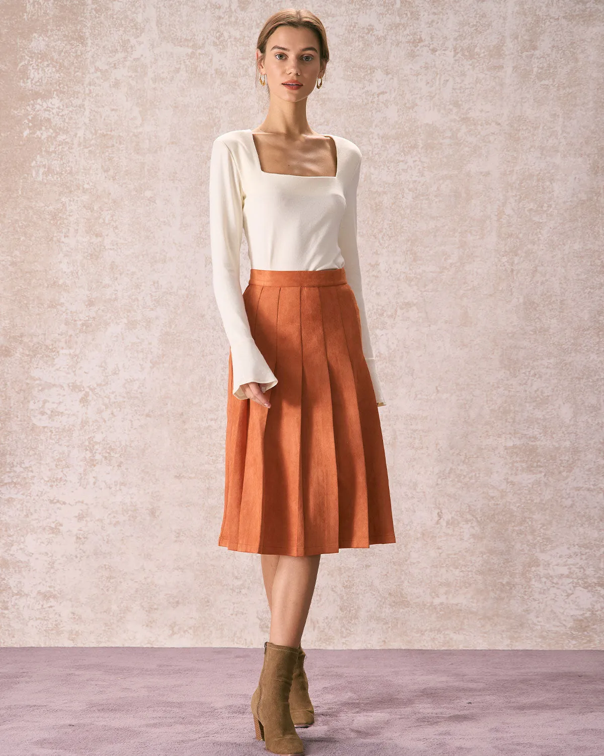 The Orange High Waisted Suede Midi Skirt