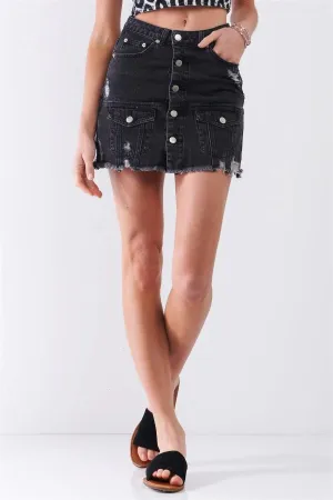 Vintage Black Denim High-Waist Distressed Button-Down Raw Hem Detail Mini Skirt /3-2-1