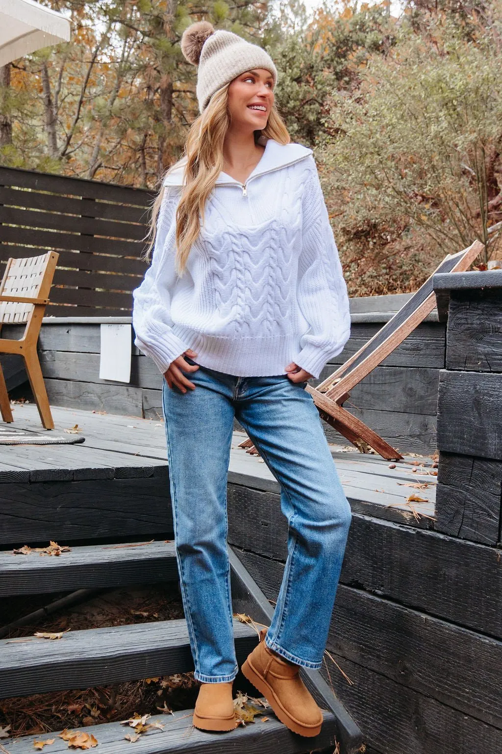 White Quarter Zip Cable Knit Sweater