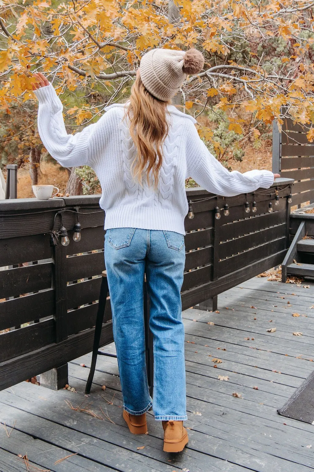 White Quarter Zip Cable Knit Sweater