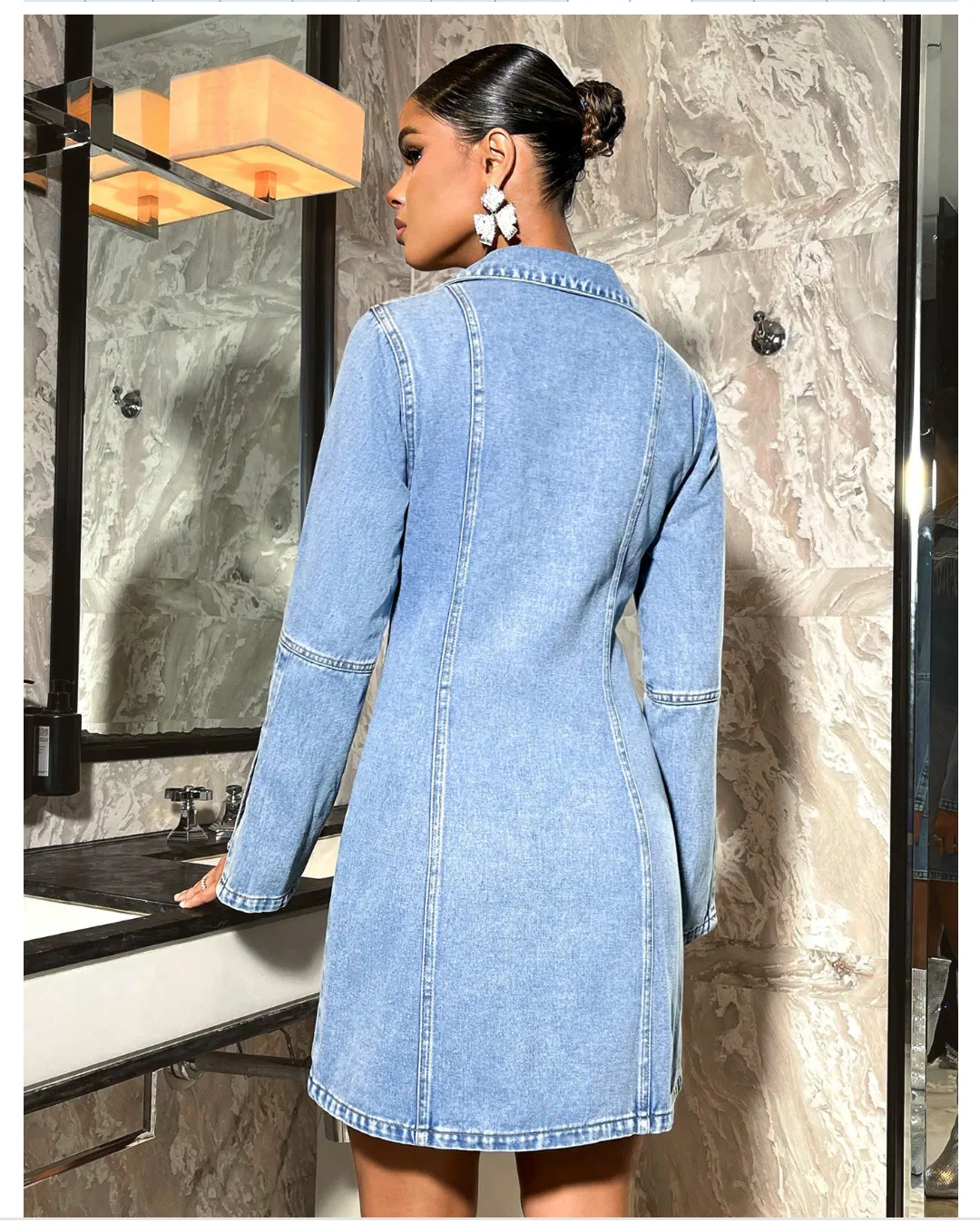 Women Clothing Waist Controlled Slimming Long Sleeve Denim Tassel Dress