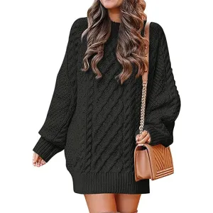 Women Crewneck Long Sleeve Oversized Cable Knit Chunky Pullover Short Sweater Dresses