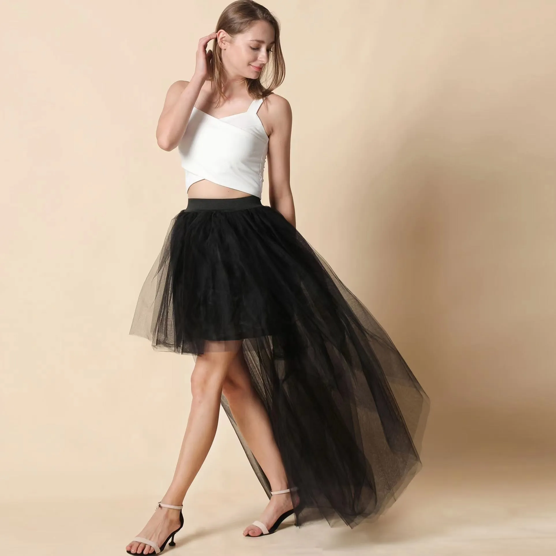 Women High Low Tutu Skirts Layered Mesh Tulle Skirt Princess Wedding Evening Prom Dovetail Skirts