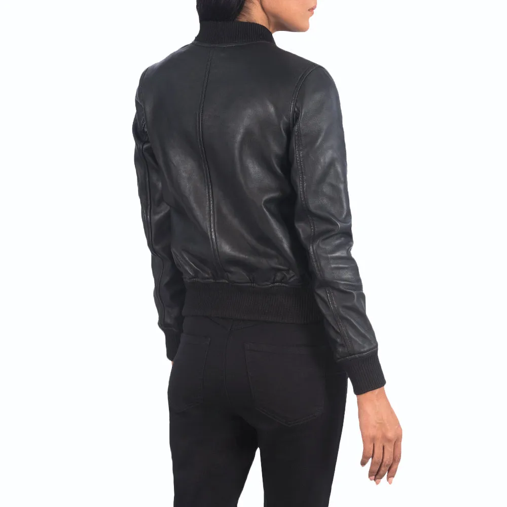 Womens Aviator Black Leather Bomber Jacket