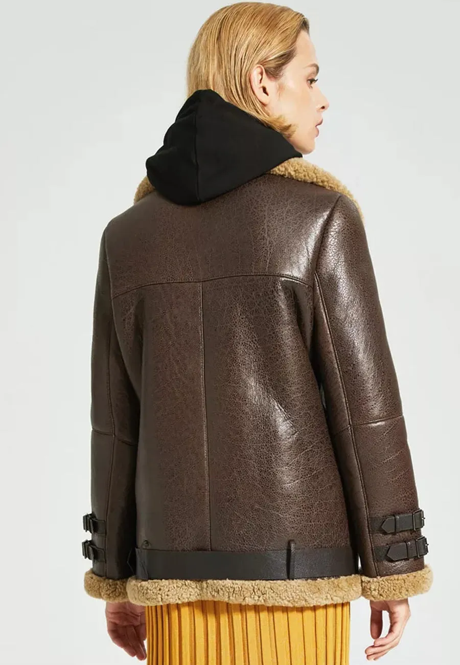 Women’s Dark Brown Leather Shearling Long Coat