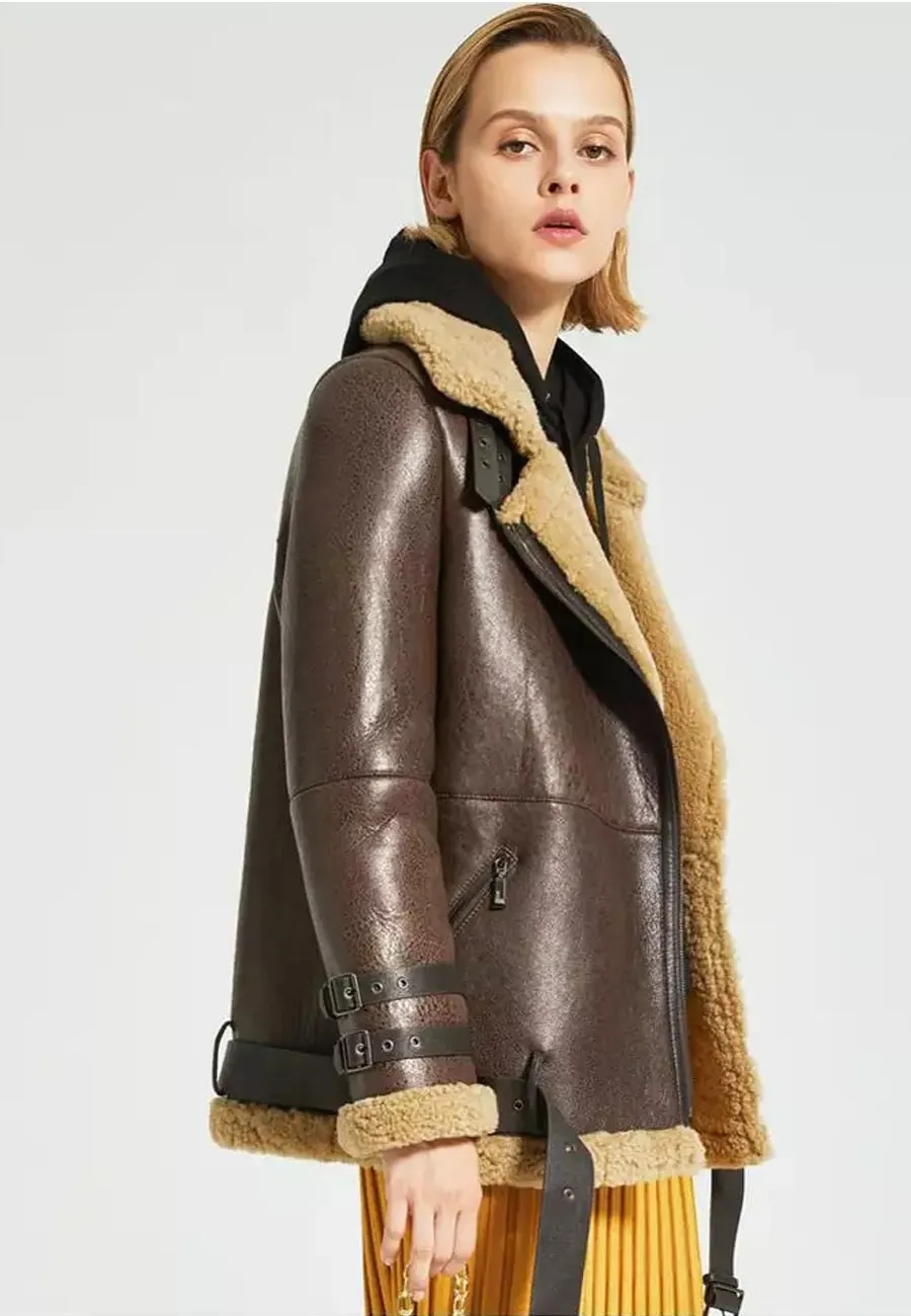 Women’s Dark Brown Leather Shearling Long Coat