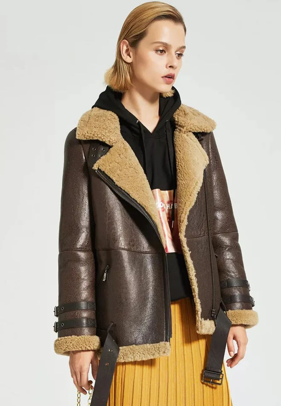 Women’s Dark Brown Leather Shearling Long Coat