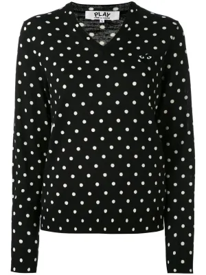 Womens V-Neck Pullover Polka Dot Black Heart - Black