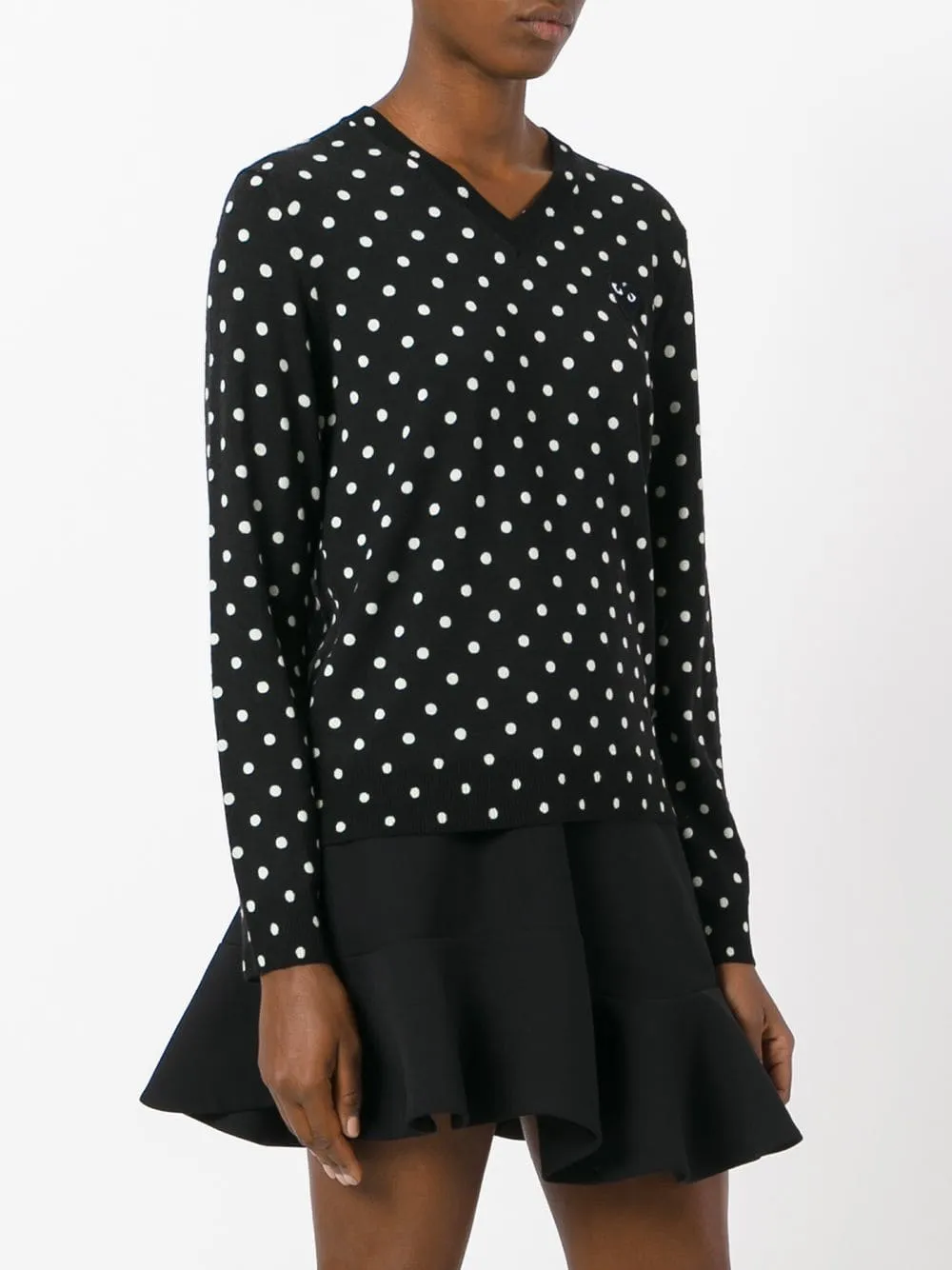 Womens V-Neck Pullover Polka Dot Black Heart - Black